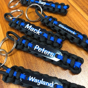 Thin Blue Line keychain, Personalized police keychain with badge number, name or short quote Buy in bulk for Police Week image 1