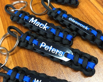 Thin Blue Line keychain, Personalized police keychain with badge number, name or short quote - Buy in bulk for Police Week *