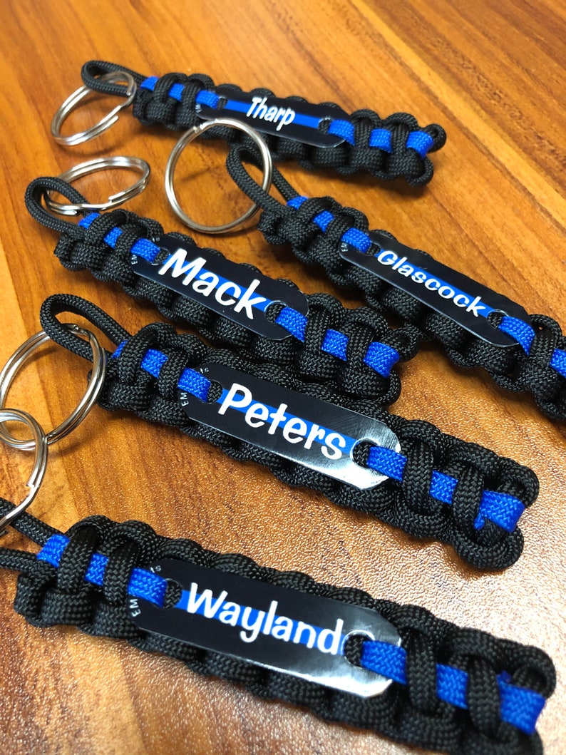 Thin Blue Line keychain, Personalized police keychain with badge number, name or short quote Buy in bulk for Police Week image 1