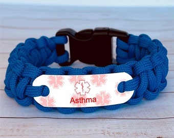 Asthma bracelet - Paracord ID bracelet - Medical alert bracelet - ID jewelry for adults or kids - Handmade in the USA - Waterproof