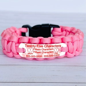 Customized medical alert bracelet - Paracord bracelet in choice of color and text for kids or adults - Waterproof - Made in the USA