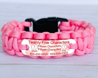 Customized medical alert bracelet - Paracord bracelet in choice of color and text for kids or adults - Waterproof - Made in the USA