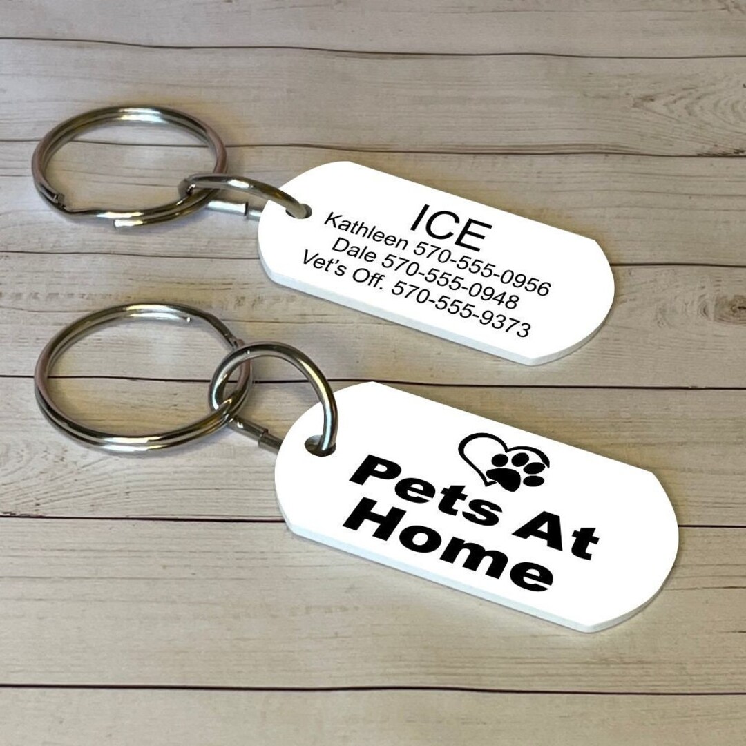 Pet Home Alone, Emergency Alert Keychain With Choice of Text and Foot Style Dog Tag Pet Alert