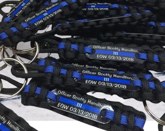 Thin Blue Line Memorial Keychain for a Fallen Officer, Paracord Rope Key Chain - with Custom Text, USA Made