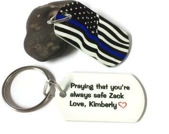 Police keychain personalized, Resource officer gift, Distressed thin blue line flag with custom text keychain, Police week gifts