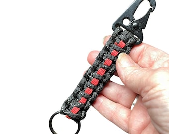 Firefighter Thin Red Line Keychain with Reflective Paracord and HK Clip - Made in USA