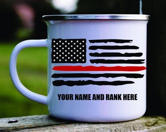 Firefighter gift, Thin red line flag mug personalized with name, Distressed flag camp mug