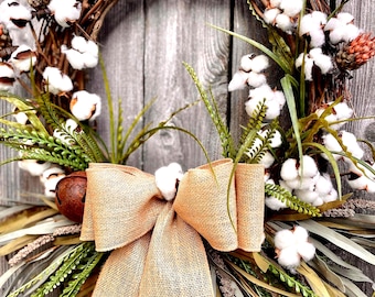 Couronne de boules de coton - Vigne rustique, noeud en toile de jute, décoration de ferme