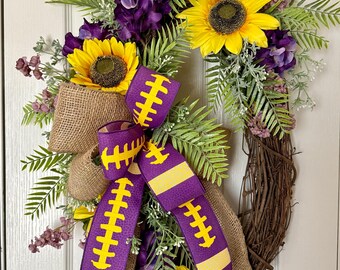 Couronne de tournesols et de vigne violette à motifs floraux, thème football, sport, équipe violette et jaune