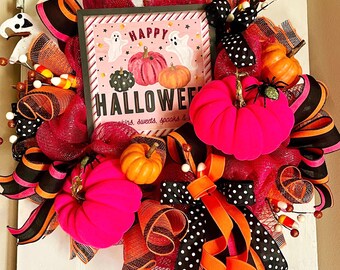 Couronne de citrouille rose d'Halloween pour la porte d'entrée, joyeux Halloween avec citrouilles et fantômes