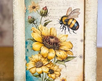 Image rustique faite main de tournesol d'abeille : plateau à plusieurs niveaux de ferme