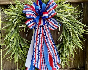 Couronne de verdure patriotique : Décoration de porte rustique et patriotique, nœud patriotique