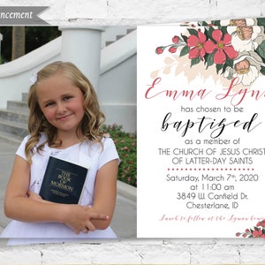 Elegant Vintage Flower Girl Baptism Announcement, LDS Baptism Invitation, 5x7 Custom Announcement, Customized with Photo and Information