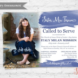 LDS Missionary Announcement, Missionary Homecoming, Missionary Farewell, LDS Sister Missionary, Watercolor Missionary Announcement 5x7