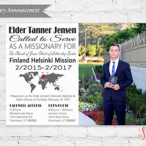 LDS Missionary Farewell of Homecoming Aankondiging / Uitnodiging met foto - 5x7 afdrukbare kaart "geroepen om te dienen" of "Return with Honor"