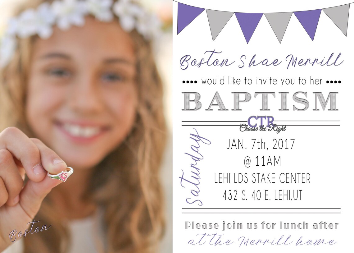 LDS Girl Baptism Invitation, LDS Baptism Invitation, Purple Baptism