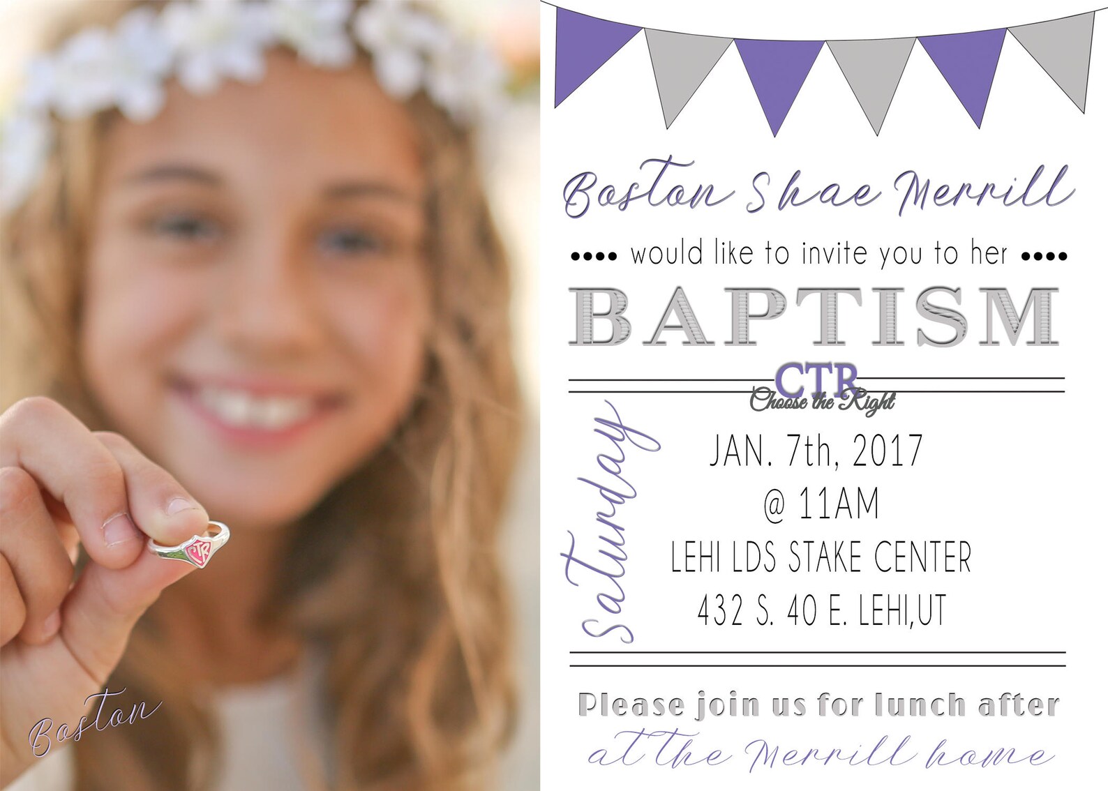LDS Girl Baptism Invitation, LDS Baptism Invitation, Purple Baptism