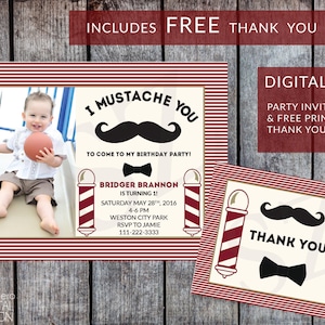 Mustache Birthday Invitation and FREE Matching Printable Mustache Thank you Card, Customized Vintage Barbershop Invite 5x7 Digital JPG File