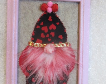 Framed Valentine's Day fabric gnome, red faux fur beard, Valentine wall decor, Valentine shelf decor