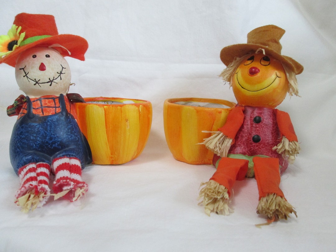 Mr. and Mrs. Scarecrow With Their Pumpkin Ceramic Bodies Etsy