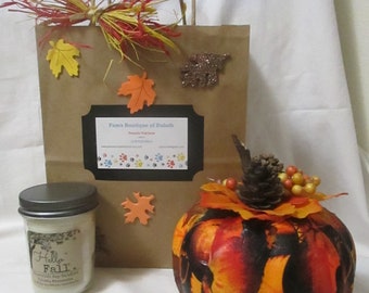 Fall pumpkin & soy candle gift bag, styrofoam decoupage pumpkin, 8 oz. soy candle, holiday gift, thinking of you gift, birthday gift