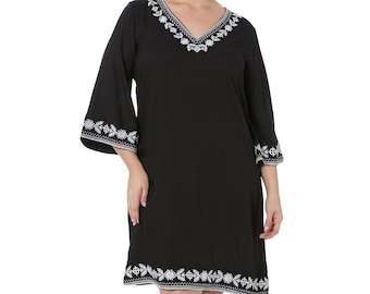 Tunic Dress | Soft Viscose | Black with White Embroidery | Amara by Spirituelle