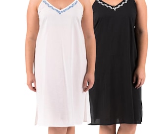 Cotton Cambric Nightie Slip: Floral Embroidered V-Neck, Adjustable Straps
