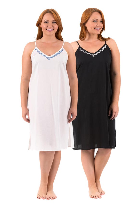 Cotton Cambric Nightie Slip: Floral Embroidered V-Neck, Adjustable Straps