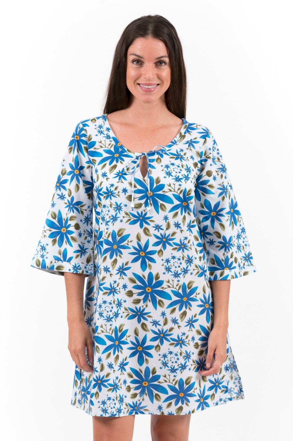 Cotton Tunic Dress by Spirituelle - Aloha Blue Daisy