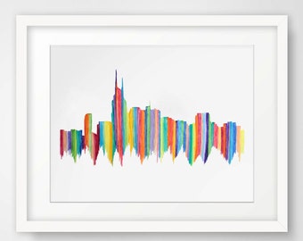 Very Stripey Nashville Skyline--Watercolor Original Print with stripes and bright colors