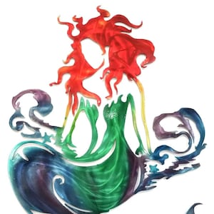 Mermaid Riding the Waves Aluminum Metal Wall Art, Mermaid Decor for Girls Room, Nautical Ocean Decor Good for Outdoor Use, Non Rust Metal