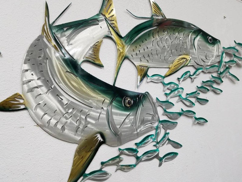 Aluminum Tarpon Metal Fish Wall Art Tropical Decor With Green And Gold Hue Gift For Fisherman Or Dad