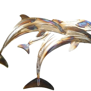 Art mural en métal avec dauphins en acier inoxydable, cosse de dauphins, décoration de maison de plage, décoration d'océan, cadeau pour amateur de plage, art de terrasse de piscine