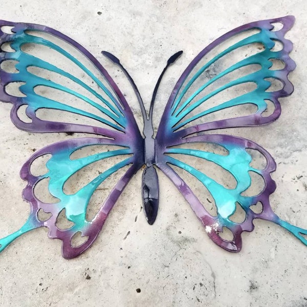 Turquoise Purple Metal Butterfly Wall Art, Aluminum Garden Decor