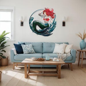 Red Headed Seated Mermaid in the Waves Non Rust UV Resistant Aluminum Metal Art Beach House Decor for Indoor AND Outdoor Use