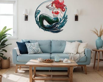 Red Headed Seated Mermaid in the Waves Non Rust UV Resistant Aluminum Metal Art Beach House Decor for Indoor AND Outdoor Use