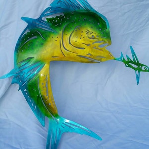 Metal Fish Wall Art, Metal Mahi Mahi, Mahi with Bait, Dorado Fishing, Fisherman Gift, Gift for Husband, Gift for Dad, Mahi Mahi Wall Art