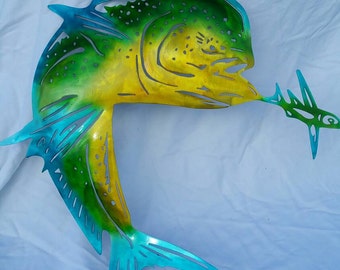 Metal Fish Wall Art, Metal Mahi Mahi, Mahi with Bait, Dorado Fishing, Fisherman Gift, Gift for Husband, Gift for Dad, Mahi Mahi Wall Art