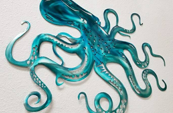 OCTOPUS WITH CORAL & SEA GRASS METAL WALL SCULPTURE FREE SHIPPING* WALL ART 