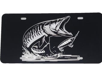 Laser Etched Muskellunge Muskie Chasing Lure License Plate, Muskie Car Tag, Muskie Fishing Truck Plate, Musky License Art, Muskie Truck Art