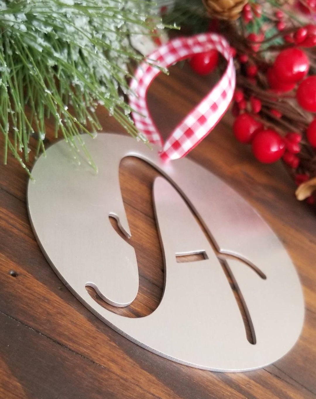 Rustic Aluminum Monogram Christmas Ornament, Metal Initial Ornament