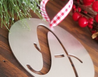 Rustic Aluminum Monogram Christmas Ornament, Metal Initial Ornament, Rustic Christmas Decor, Personalized Letter Ornament, Stocking Ornament
