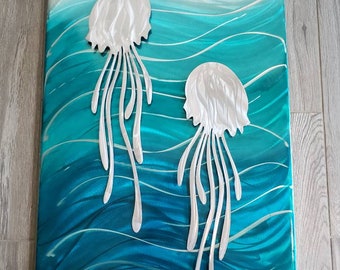 Jellyfish Shadow Box Art, Aluminum Ocean Wall Art, Blue Waves Wall Decor, Jellyfish Home Decor, Handcrafted Coastal Decor, Hanging Sea Art