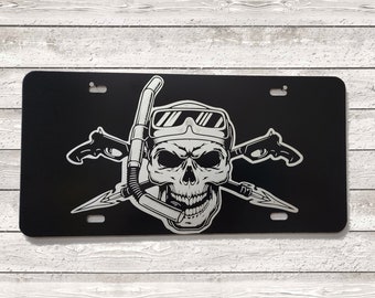 Pirate Scuba or Snorkel Skull Front License Plate for Car or Truck, Scuba Mask Vehicle Tag, Scuba Cave Diver Skull and Bones Novelty Car Tag