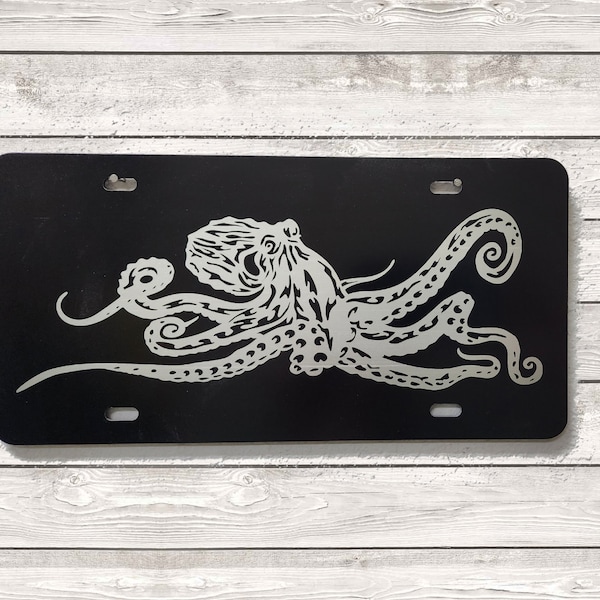 Laser Etched Octopus License Plate, Brushed Aluminum Car Tag