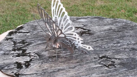 Monarch Butterfly On Rock Garden Sculpture Realistic Metal