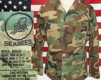 Vintage 1980/'s United States Navy Seabees Construction Force Camo Button Up Field Shirt Large Regular NATO Four Color Woodland