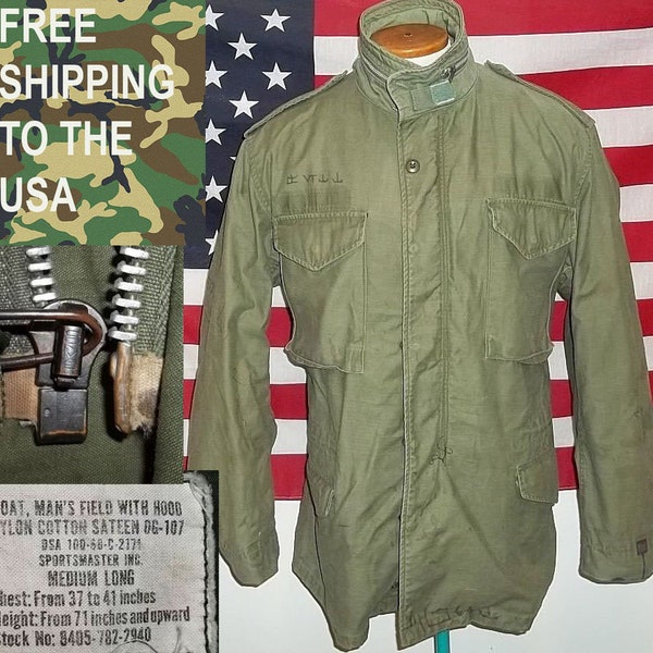 M65 field jacket 1968 dated Vietnam era Sportsmaster medium long size good condition with repairs and markings