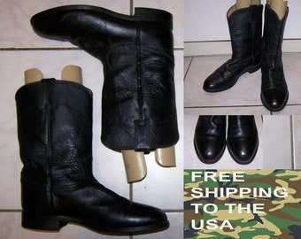 Justin roper boots model 3133 western cowboy low heel footwear black leather upper & soles size 7.5 EE gently with free shipping to the USA