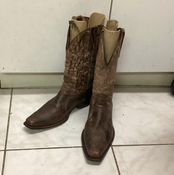 Vintage Cowboy Boots: Rancho Snip Toe marble distressed Low Heel, US Mens 9E